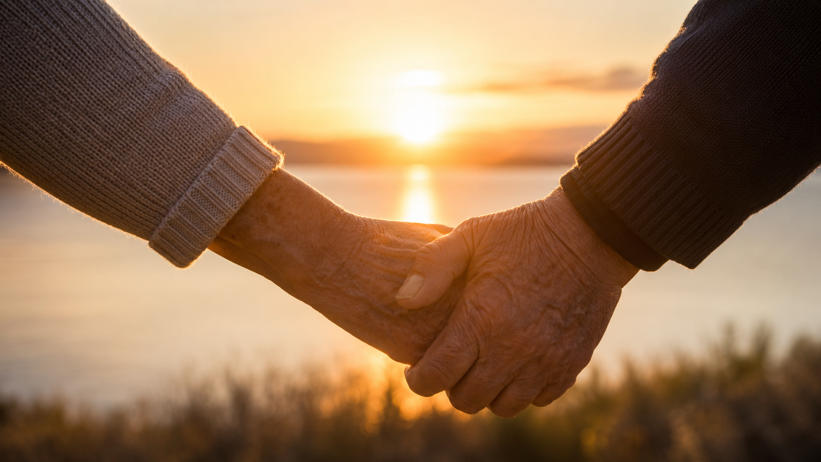 Two family members holding hands at sunset